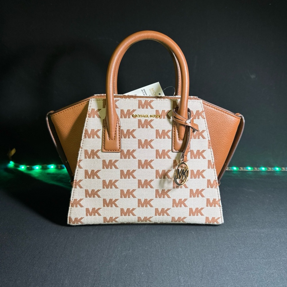 Michael Kors Avril Small Satchel Shoulder Crossbody Bag Brown Leather / Khaki